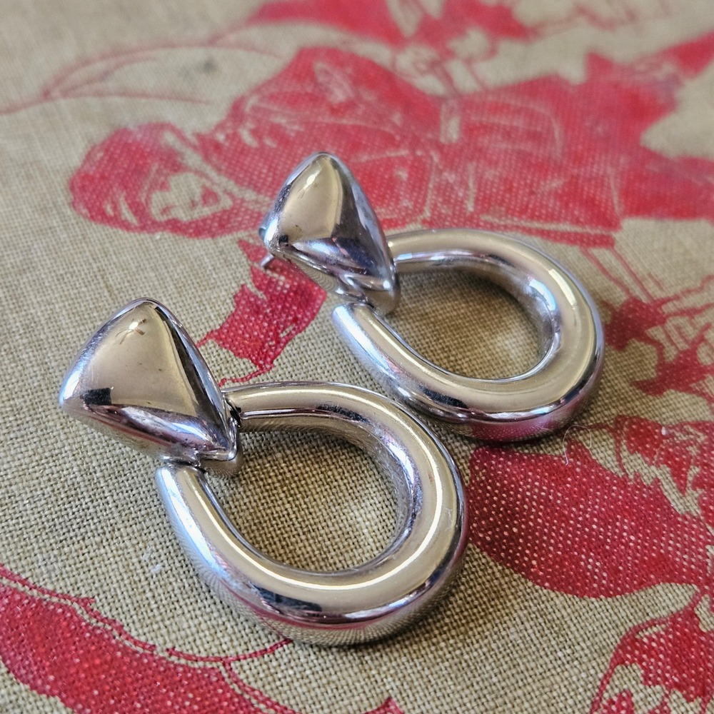 Monet 90s Vintage Silver Tone Door Knocker Hoop Earrings Post Back Statement